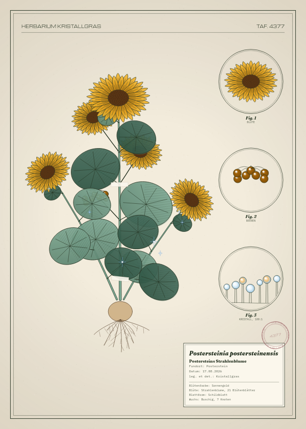 Botanische Tafel: Postersteinia postersteinensis, eine erfundene Pflanze aus Posterstein, gezeichnet wie in einem alten Pflanzenatlas