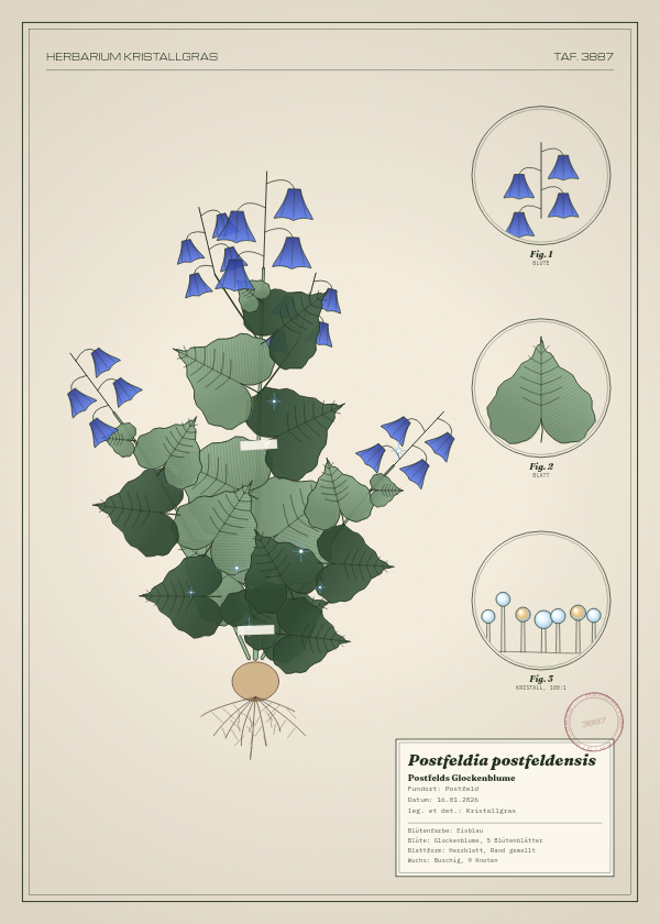 Botanische Tafel: Postfeldia postfeldensis, eine erfundene Pflanze aus Postfeld, gezeichnet wie in einem alten Pflanzenatlas