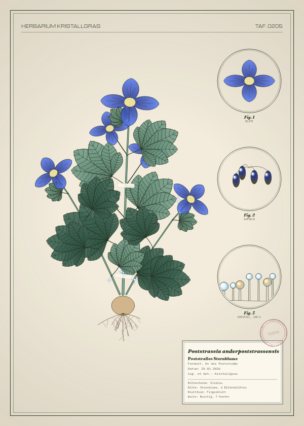 Botanische Tafel: Poststrassia anderpoststrassensis, eine erfundene Pflanze aus An der Poststraße, gezeichnet wie in einem alten Pflanzenatlas