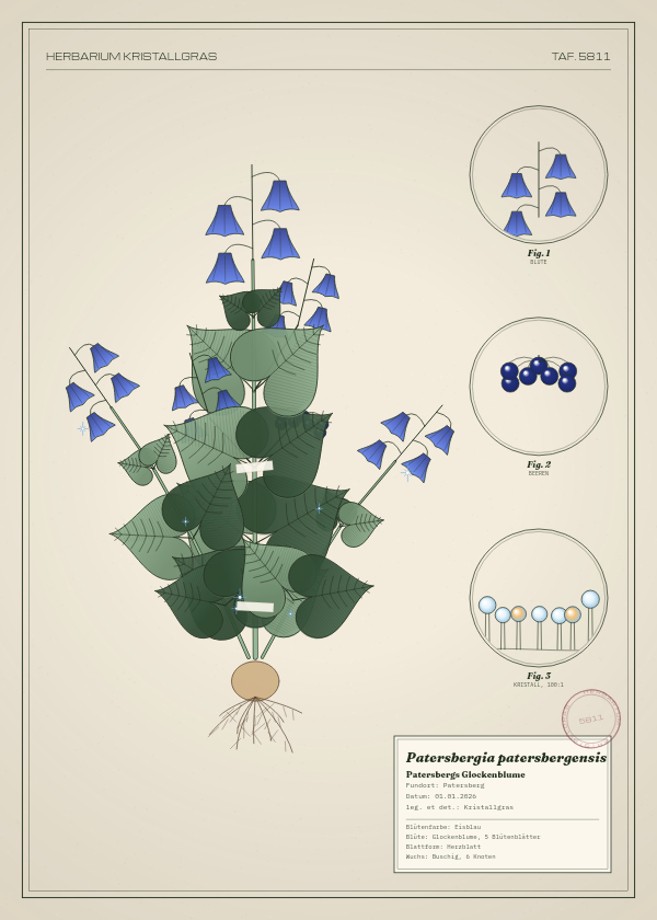 Botanische Tafel: Patersbergia patersbergensis, eine erfundene Pflanze aus Patersberg, gezeichnet wie in einem alten Pflanzenatlas