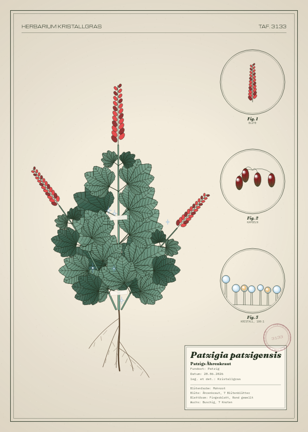 Botanische Tafel: Patzigia patzigensis, eine erfundene Pflanze aus Patzig, gezeichnet wie in einem alten Pflanzenatlas