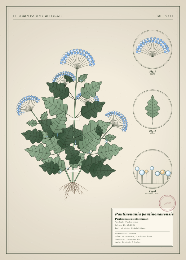 Botanische Tafel: Paulinenauia paulinenauensis, eine erfundene Pflanze aus Paulinenaue, gezeichnet wie in einem alten Pflanzenatlas