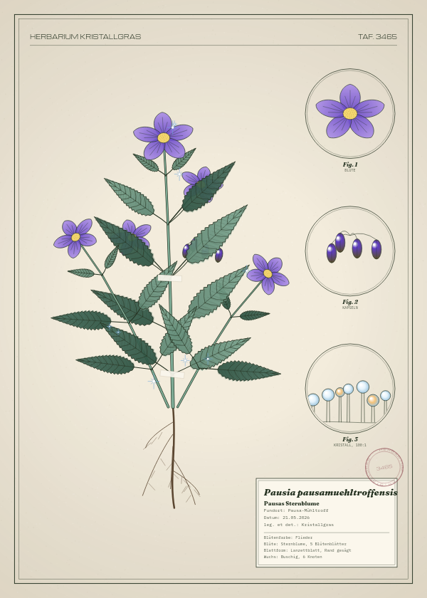 Botanische Tafel: Pausia pausamuehltroffensis, eine erfundene Pflanze aus Pausa-Mühltroff, gezeichnet wie in einem alten Pflanzenatlas