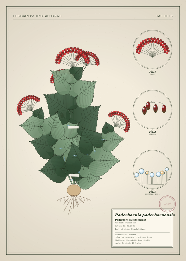 Botanische Tafel: Paderbornia paderbornensis, eine erfundene Pflanze aus Paderborn, gezeichnet wie in einem alten Pflanzenatlas
