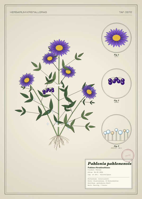 Botanische Tafel: Pahlenia pahlenensis, eine erfundene Pflanze aus Pahlen, gezeichnet wie in einem alten Pflanzenatlas