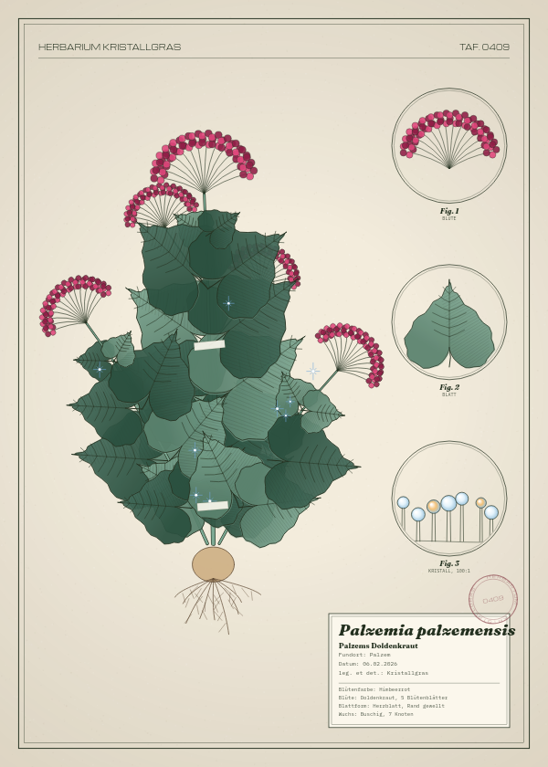 Botanische Tafel: Palzemia palzemensis, eine erfundene Pflanze aus Palzem, gezeichnet wie in einem alten Pflanzenatlas