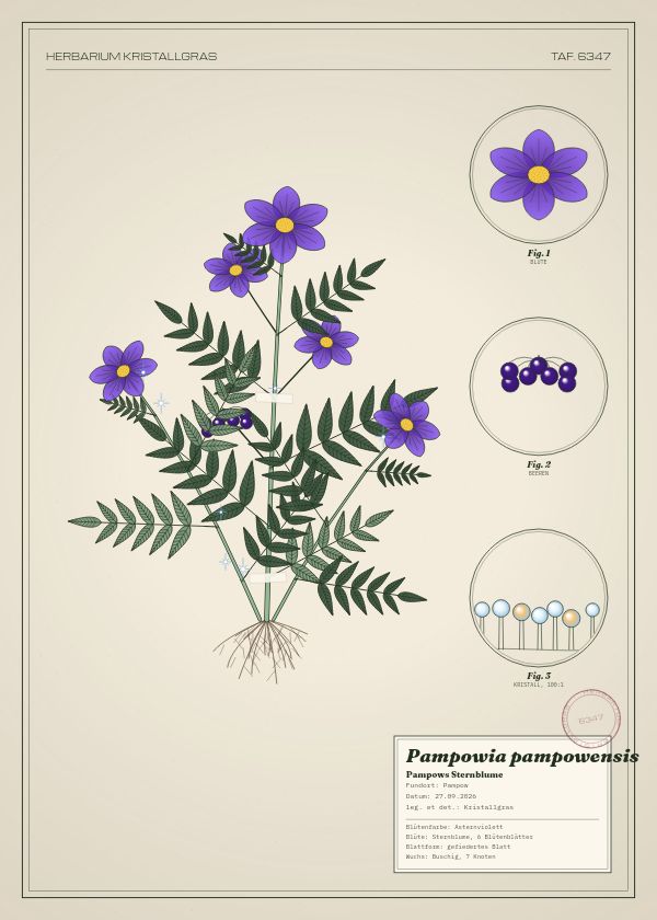 Botanische Tafel: Pampowia pampowensis, eine erfundene Pflanze aus Pampow, gezeichnet wie in einem alten Pflanzenatlas