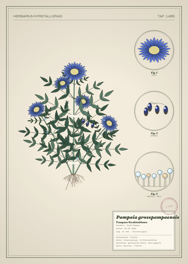 Botanische Tafel: Pampaia grosspampaensis, eine erfundene Pflanze aus Groß Pampau, gezeichnet wie in einem alten Pflanzenatlas