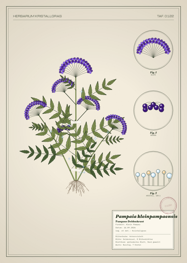 Botanische Tafel: Pampaia kleinpampaensis, eine erfundene Pflanze aus Klein Pampau, gezeichnet wie in einem alten Pflanzenatlas