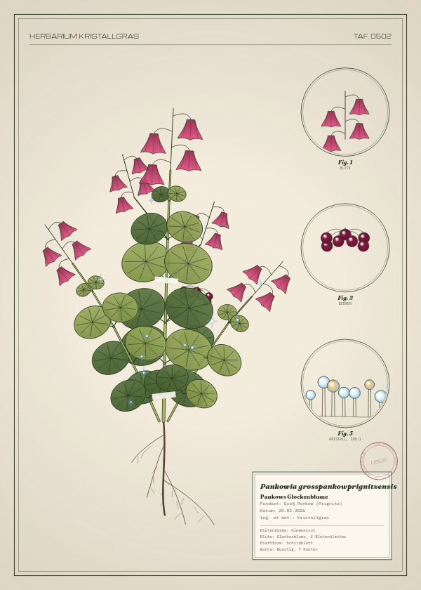 Botanische Tafel: Pankowia grosspankowprignitzensis, eine erfundene Pflanze aus Groß Pankow (Prignitz), gezeichnet wie in einem alten Pflanzenatlas
