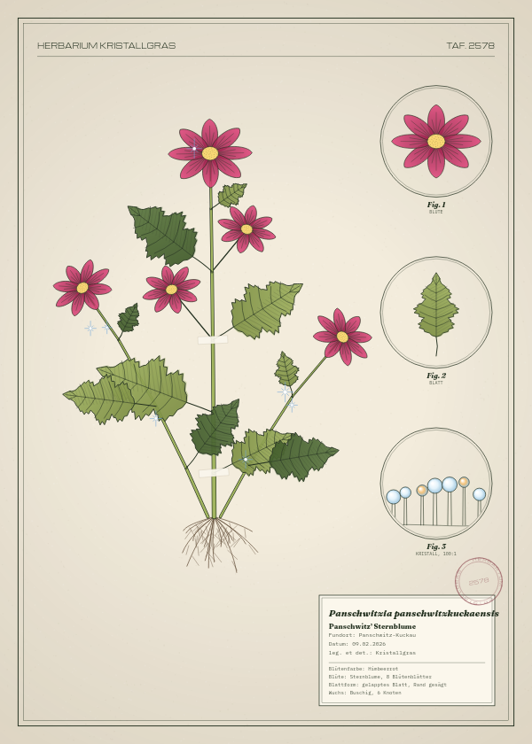 Botanische Tafel: Panschwitzia panschwitzkuckaensis, eine erfundene Pflanze aus Panschwitz-Kuckau, gezeichnet wie in einem alten Pflanzenatlas