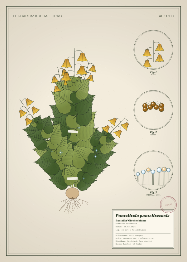Botanische Tafel: Pantelitzia pantelitzensis, eine erfundene Pflanze aus Pantelitz, gezeichnet wie in einem alten Pflanzenatlas