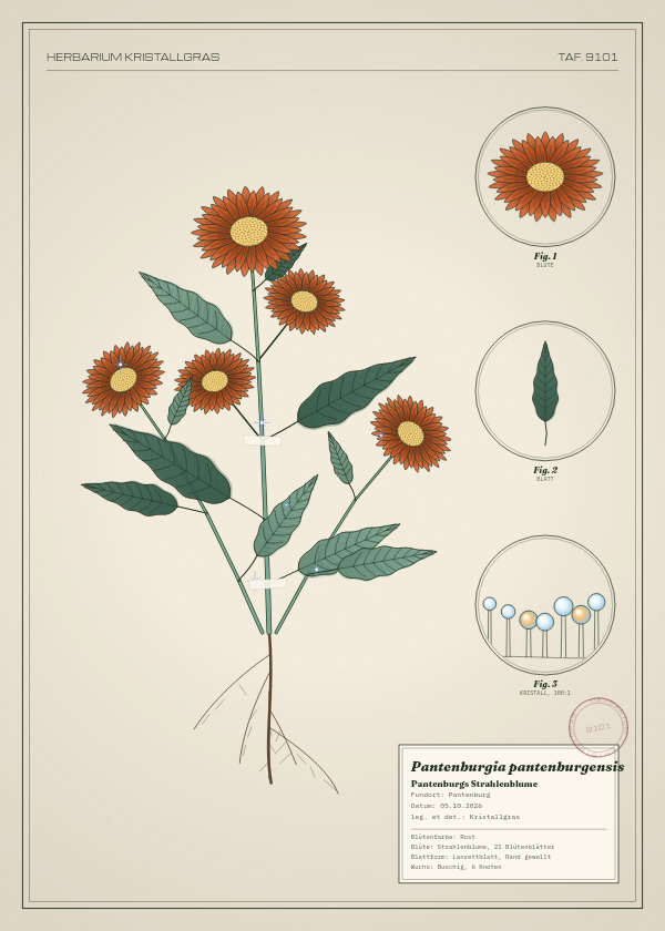 Botanische Tafel: Pantenburgia pantenburgensis, eine erfundene Pflanze aus Pantenburg, gezeichnet wie in einem alten Pflanzenatlas