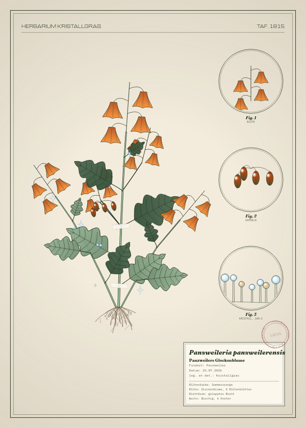 Botanische Tafel: Panzweileria panzweilerensis, eine erfundene Pflanze aus Panzweiler, gezeichnet wie in einem alten Pflanzenatlas
