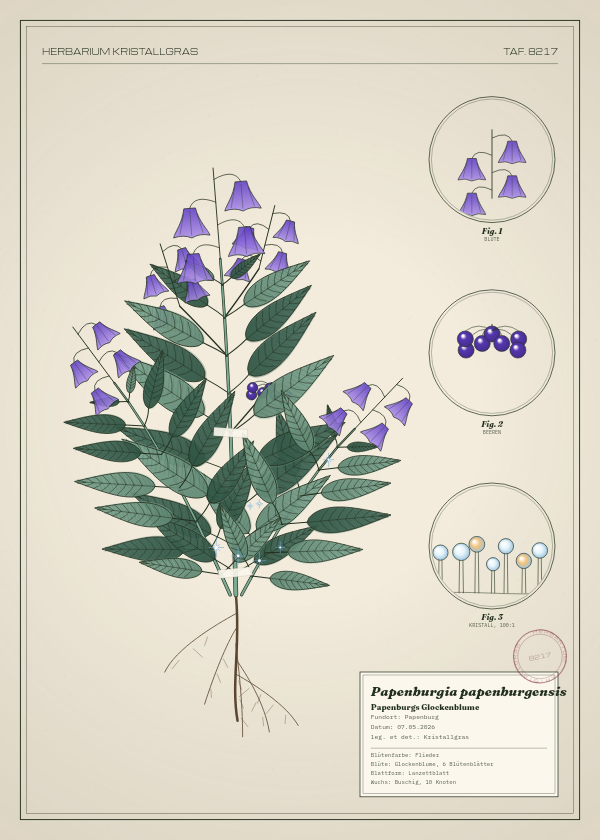 Botanische Tafel: Papenburgia papenburgensis, eine erfundene Pflanze aus Papenburg, gezeichnet wie in einem alten Pflanzenatlas