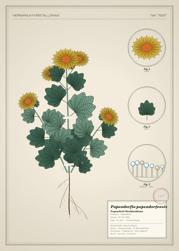 Botanische Tafel: Papendorfia papendorfensis, eine erfundene Pflanze aus Papendorf, gezeichnet wie in einem alten Pflanzenatlas