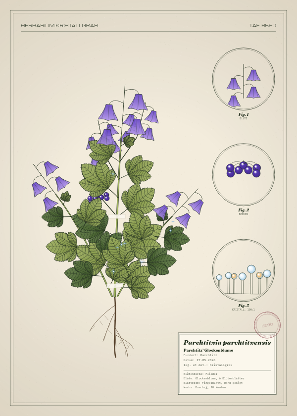 Botanische Tafel: Parchtitzia parchtitzensis, eine erfundene Pflanze aus Parchtitz, gezeichnet wie in einem alten Pflanzenatlas