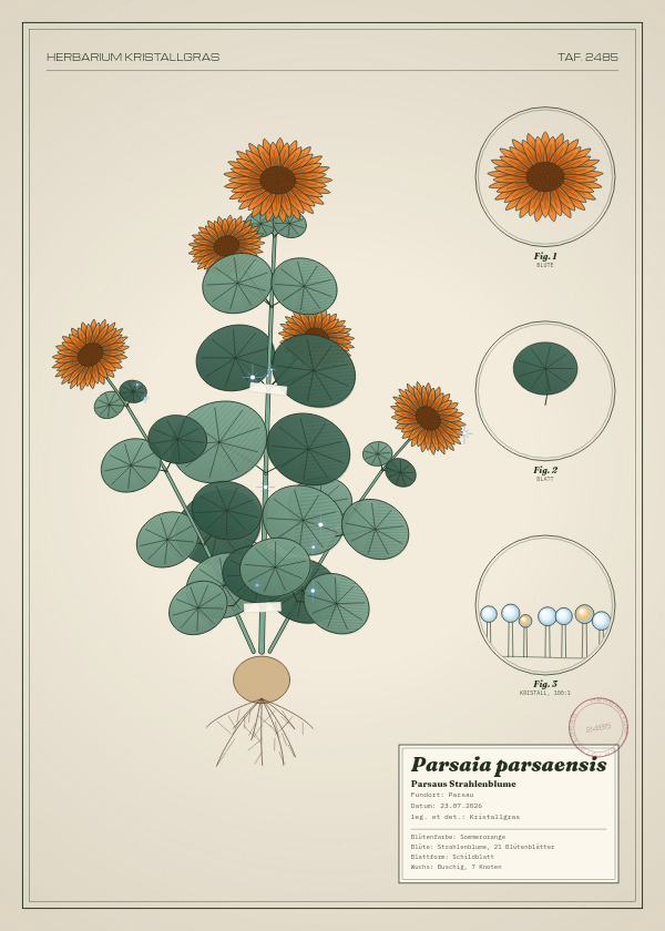 Botanische Tafel: Parsaia parsaensis, eine erfundene Pflanze aus Parsau, gezeichnet wie in einem alten Pflanzenatlas