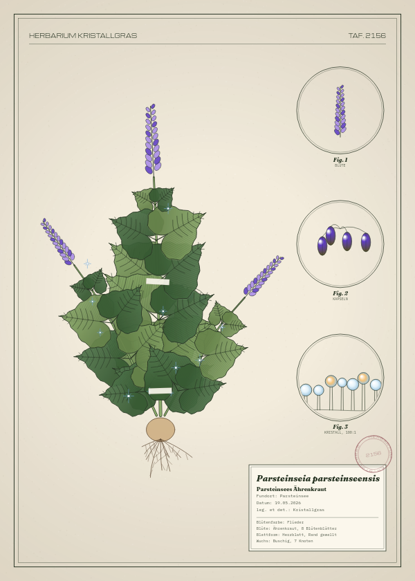 Botanische Tafel: Parsteinseia parsteinseensis, eine erfundene Pflanze aus Parsteinsee, gezeichnet wie in einem alten Pflanzenatlas
