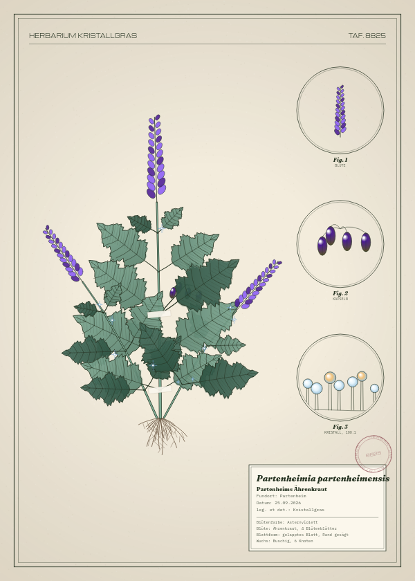 Botanische Tafel: Partenheimia partenheimensis, eine erfundene Pflanze aus Partenheim, gezeichnet wie in einem alten Pflanzenatlas