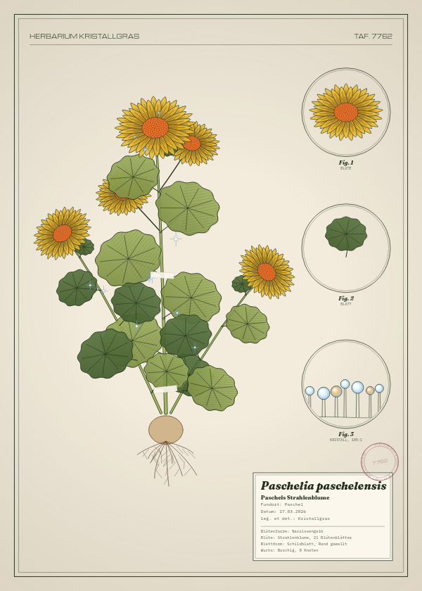 Botanische Tafel: Paschelia paschelensis, eine erfundene Pflanze aus Paschel, gezeichnet wie in einem alten Pflanzenatlas