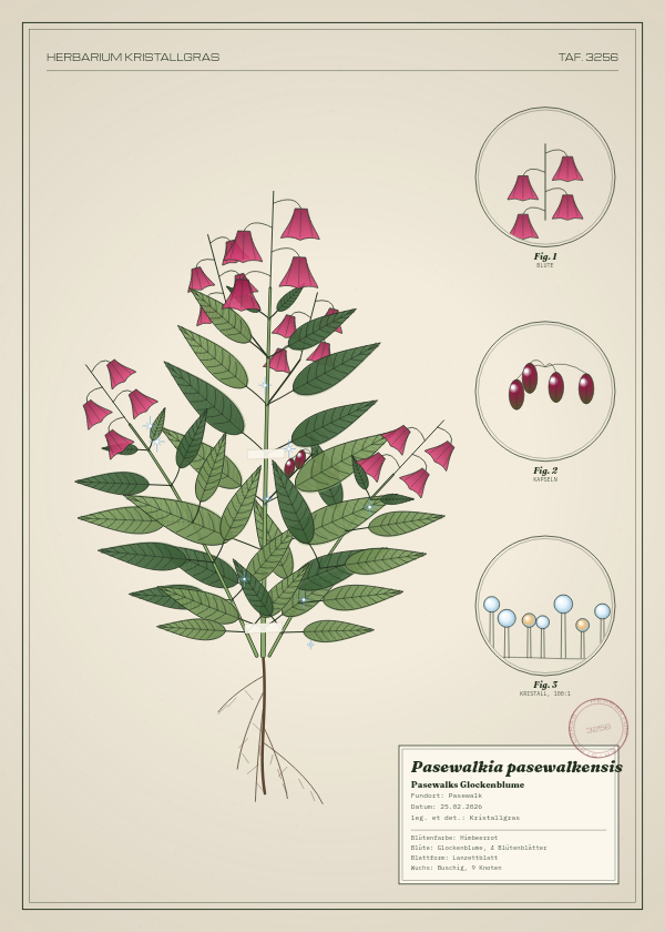 Botanische Tafel: Pasewalkia pasewalkensis, eine erfundene Pflanze aus Pasewalk, gezeichnet wie in einem alten Pflanzenatlas