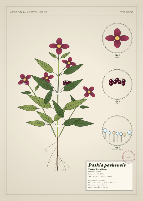Botanische Tafel: Paskia paskensis, eine erfundene Pflanze aus Paska, gezeichnet wie in einem alten Pflanzenatlas