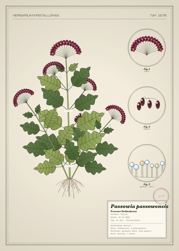 Botanische Tafel: Passowia passowensis, eine erfundene Pflanze aus Passow, gezeichnet wie in einem alten Pflanzenatlas