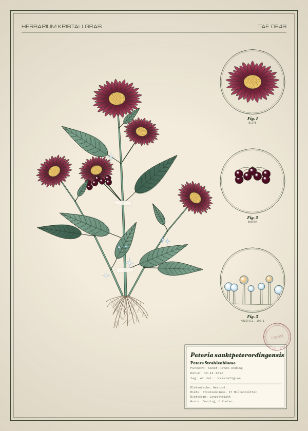 Botanische Tafel: Peteria sanktpeterordingensis, eine erfundene Pflanze aus Sankt Peter-Ording, gezeichnet wie in einem alten Pflanzenatlas
