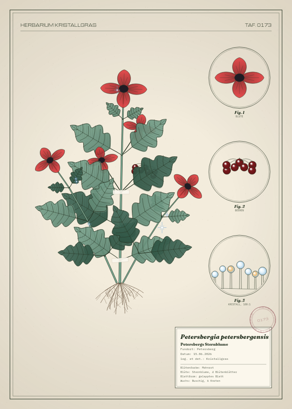 Botanische Tafel: Petersbergia petersbergensis, eine erfundene Pflanze aus Petersberg, gezeichnet wie in einem alten Pflanzenatlas