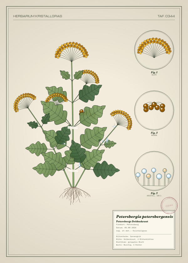 Botanische Tafel: Petersbergia petersbergensis, eine erfundene Pflanze aus Petersberg, gezeichnet wie in einem alten Pflanzenatlas