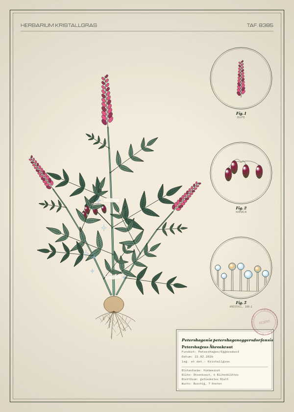 Botanische Tafel: Petershagenia petershageneggersdorfensis, eine erfundene Pflanze aus Petershagen/Eggersdorf, gezeichnet wie in einem alten Pflanzenatlas