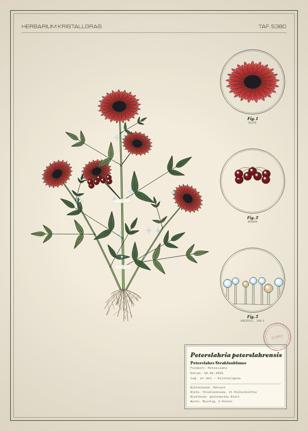 Botanische Tafel: Peterslahria peterslahrensis, eine erfundene Pflanze aus Peterslahr, gezeichnet wie in einem alten Pflanzenatlas