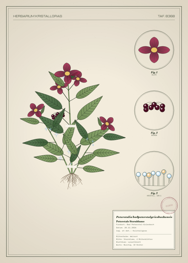 Botanische Tafel: Peterstalia badpeterstalgriesbachensis, eine erfundene Pflanze aus Bad Peterstal-Griesbach, gezeichnet wie in einem alten Pflanzenatlas