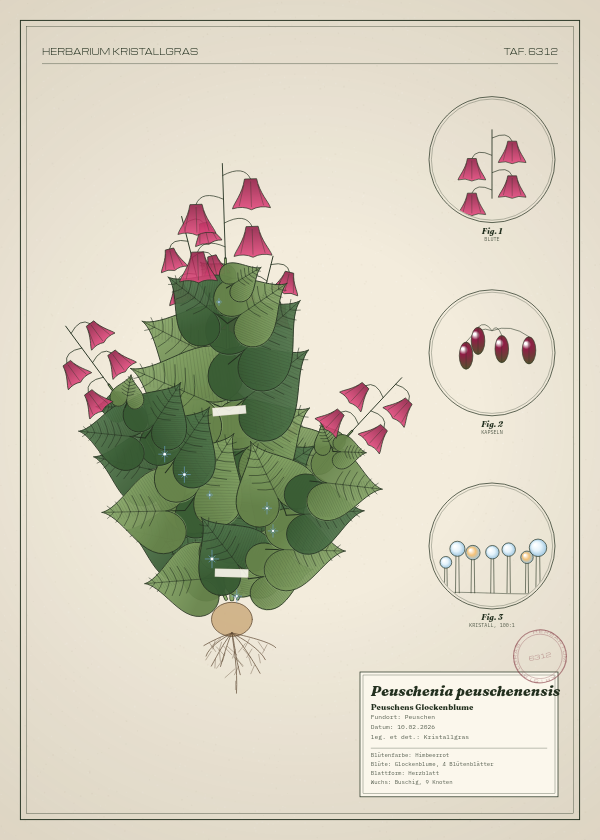 Botanische Tafel: Peuschenia peuschenensis, eine erfundene Pflanze aus Peuschen, gezeichnet wie in einem alten Pflanzenatlas