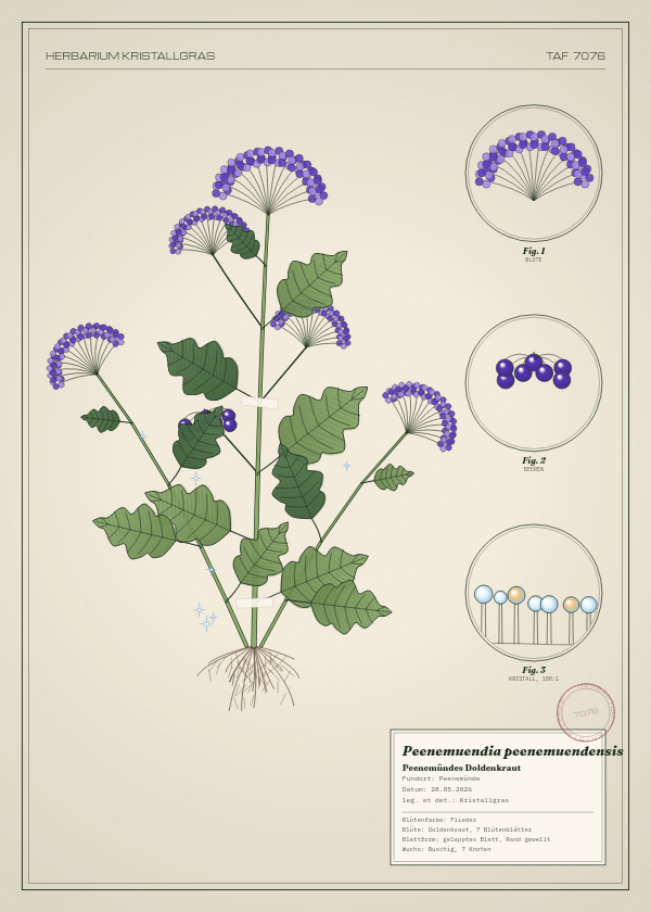 Botanische Tafel: Peenemuendia peenemuendensis, eine erfundene Pflanze aus Peenemünde, gezeichnet wie in einem alten Pflanzenatlas