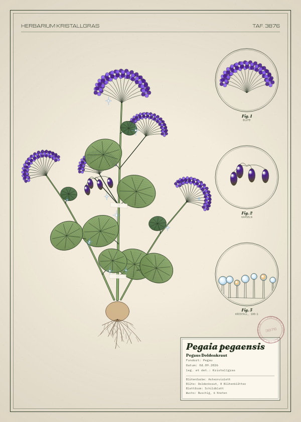 Botanische Tafel: Pegaia pegaensis, eine erfundene Pflanze aus Pegau, gezeichnet wie in einem alten Pflanzenatlas