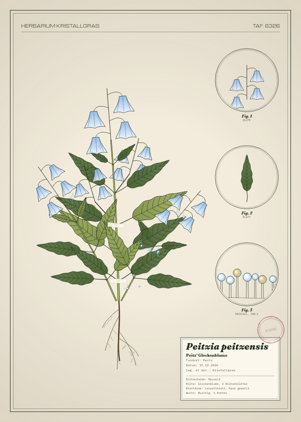 Botanische Tafel: Peitzia peitzensis, eine erfundene Pflanze aus Peitz, gezeichnet wie in einem alten Pflanzenatlas