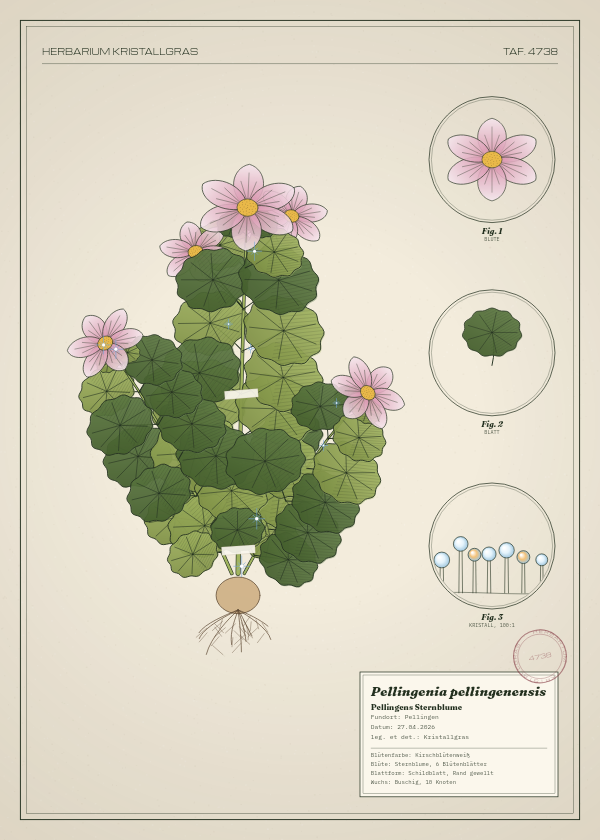 Botanische Tafel: Pellingenia pellingenensis, eine erfundene Pflanze aus Pellingen, gezeichnet wie in einem alten Pflanzenatlas