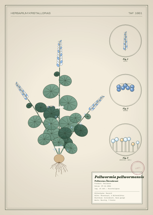 Botanische Tafel: Pellwormia pellwormensis, eine erfundene Pflanze aus Pellworm, gezeichnet wie in einem alten Pflanzenatlas