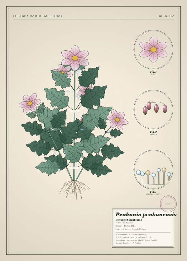 Botanische Tafel: Penkunia penkunensis, eine erfundene Pflanze aus Penkun, gezeichnet wie in einem alten Pflanzenatlas