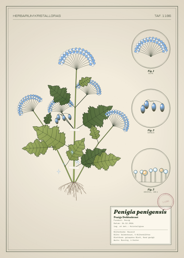 Botanische Tafel: Penigia penigensis, eine erfundene Pflanze aus Penig, gezeichnet wie in einem alten Pflanzenatlas