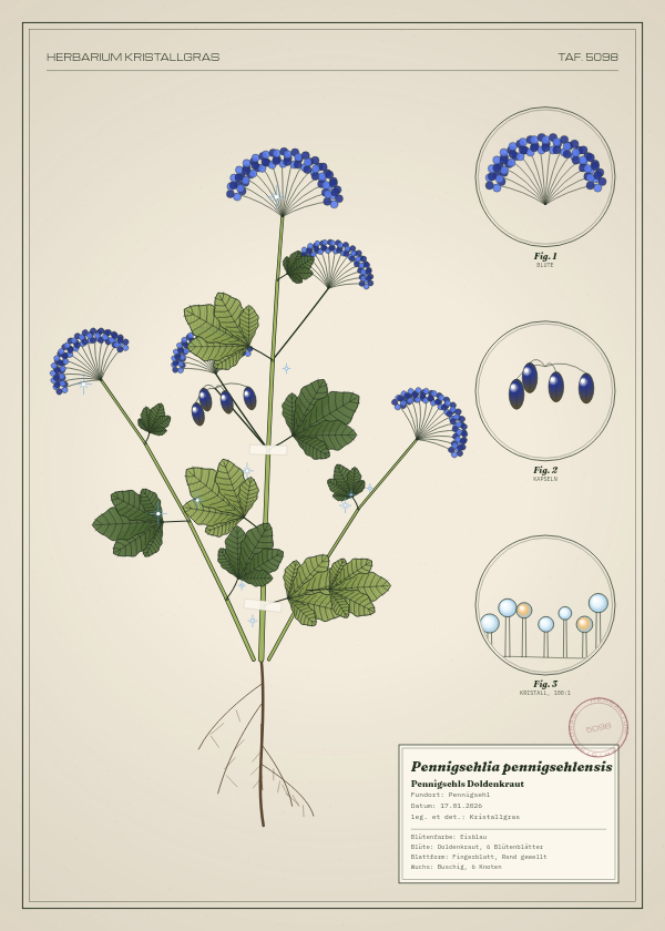 Botanische Tafel: Pennigsehlia pennigsehlensis, eine erfundene Pflanze aus Pennigsehl, gezeichnet wie in einem alten Pflanzenatlas