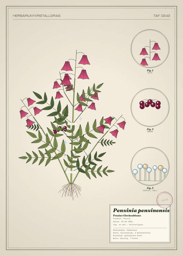 Botanische Tafel: Penzinia penzinensis, eine erfundene Pflanze aus Penzin, gezeichnet wie in einem alten Pflanzenatlas