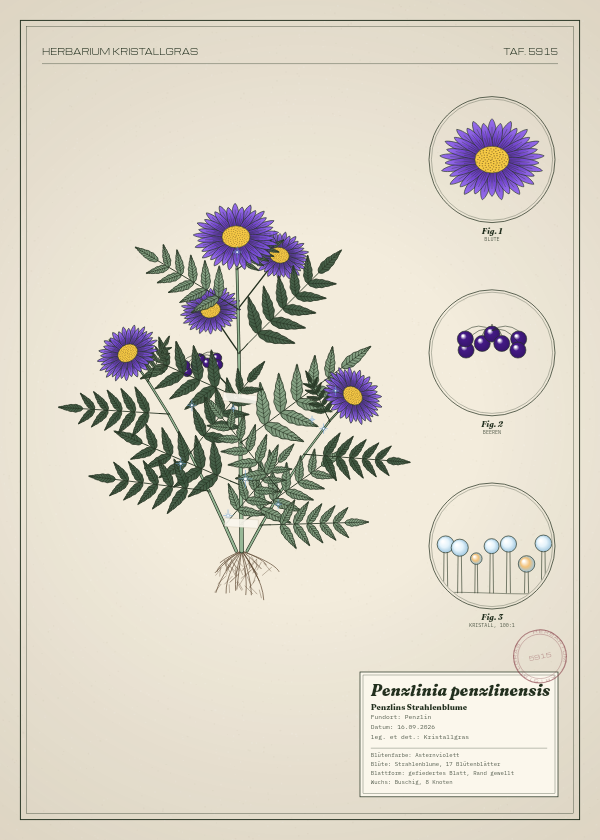 Botanische Tafel: Penzlinia penzlinensis, eine erfundene Pflanze aus Penzlin, gezeichnet wie in einem alten Pflanzenatlas