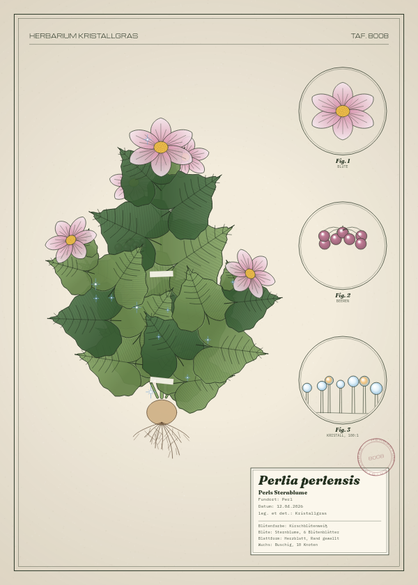 Botanische Tafel: Perlia perlensis, eine erfundene Pflanze aus Perl, gezeichnet wie in einem alten Pflanzenatlas