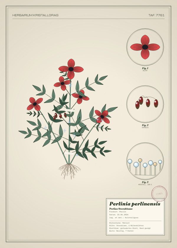 Botanische Tafel: Perlinia perlinensis, eine erfundene Pflanze aus Perlin, gezeichnet wie in einem alten Pflanzenatlas