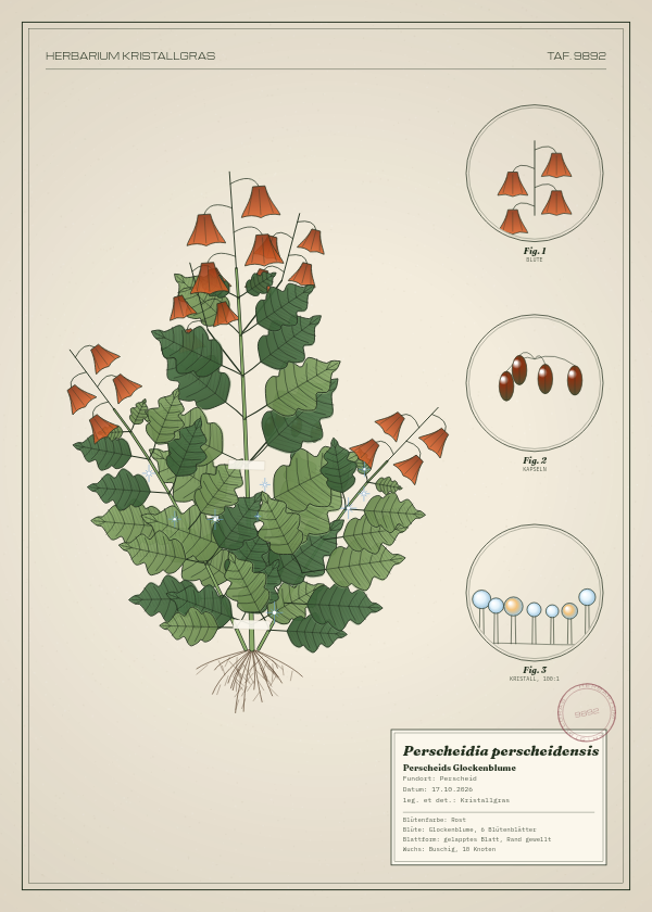 Botanische Tafel: Perscheidia perscheidensis, eine erfundene Pflanze aus Perscheid, gezeichnet wie in einem alten Pflanzenatlas