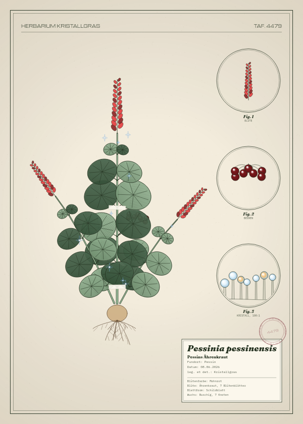 Botanische Tafel: Pessinia pessinensis, eine erfundene Pflanze aus Pessin, gezeichnet wie in einem alten Pflanzenatlas