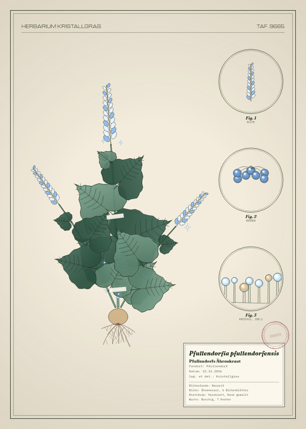 Botanische Tafel: Pfullendorfia pfullendorfensis, eine erfundene Pflanze aus Pfullendorf, gezeichnet wie in einem alten Pflanzenatlas